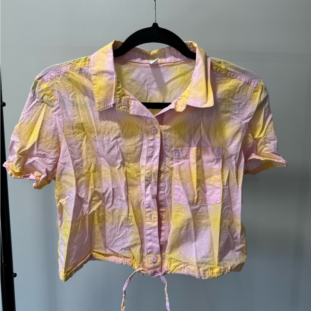BP Pink and Yellow Tie-Front Crop Top